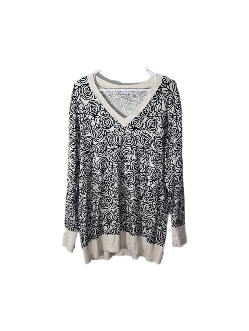 GAP Cream V-Neck Sweater with Black Rose Pattern